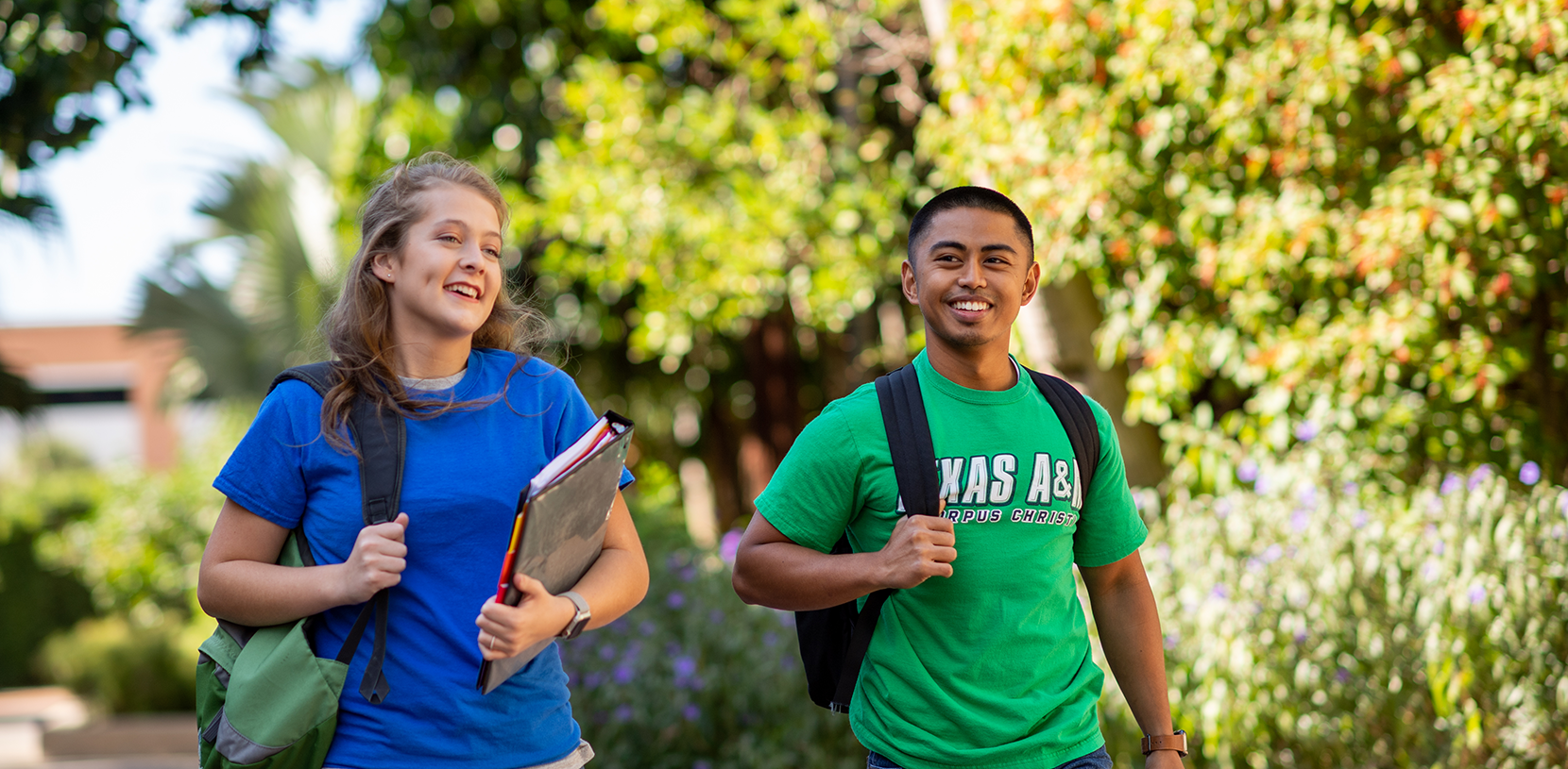 Two students walking together.